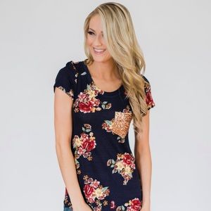 NWT Size Medium Pulse Navy & Burgundy Floral Top
